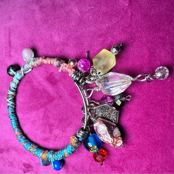 Handmade charm bracelet beaded Assemblage Bangle Thrashed Trashed Fabric shreds - Picture 1 of 14